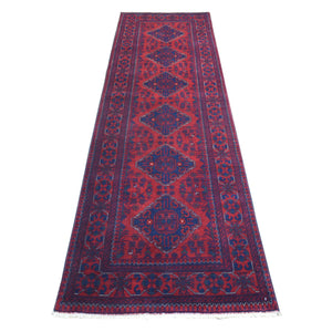 2'9"x9'7" Deep and Saturated Red Tribal Design Velvety Wool, Afghan Khamyab Hand Knotted Runner Oriental Rug FWR431424
