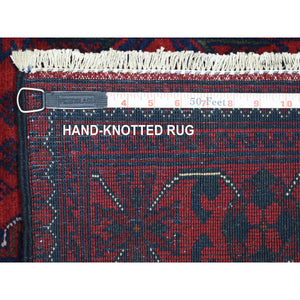 2'9"x9'7" Deep and Saturated Red Tribal Design Velvety Wool, Afghan Khamyab Hand Knotted Runner Oriental Rug FWR431424