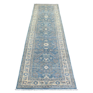 2'8"x9'7" Light Blue, Fine Peshawar with All Over Design Densely Woven, Soft Wool Hand Knotted, Runner Oriental Rug FWR431718