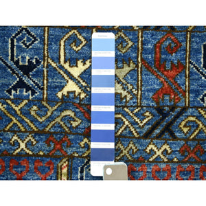 4'1"x9'10" Denim Blue, Hand Knotted Afghan Ersari with Prayer Design, Natural Dyes Dense Weave Soft Wool, Wide Runner Oriental Rug FWR431964