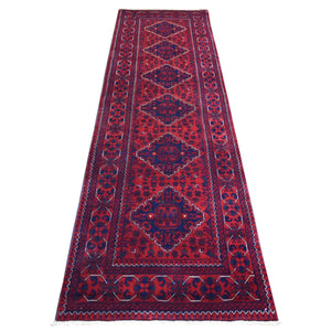2'8"x9'7" Deep and Saturated Red With Geometric Design Hand Knotted Afghan Khamyab, Velvety Wool Runner Oriental Rug FWR432048