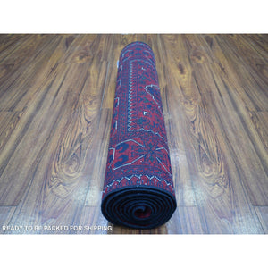 2'8"x9'7" Deep and Saturated Red With Geometric Design Hand Knotted Afghan Khamyab, Velvety Wool Runner Oriental Rug FWR432048
