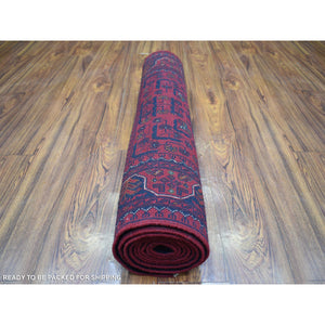 2'9"x9'6" Deep and Saturated Red Tribal Design Velvety Wool, Afghan Khamyab Hand Knotted Runner Oriental Rug FWR432066