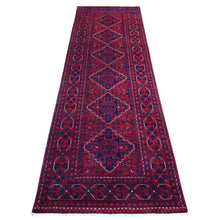 Load image into Gallery viewer, 2&#39;9&quot;x9&#39;5&quot; Deep and Saturated Red Natural Dyes Afghan Khamyab Velvety Wool, Geometric Design Hand Knotted Runner Oriental Rug FWR432090