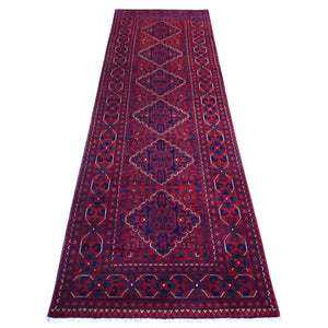2'9"x9'5" Deep and Saturated Red Natural Dyes Afghan Khamyab Velvety Wool, Geometric Design Hand Knotted Runner Oriental Rug FWR432090