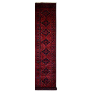 2'9"x16' Deep and Saturated Red Hand Knotted with Tribal Design, Soft and Shiny Wool Afghan Khamyab Runner Oriental Rug FWR432096