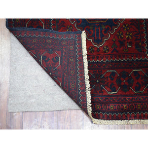 3'x9'10" Deep and Saturated Red with Geometric Design Hand Knotted Afghan Khamyab, Velvety Wool Runner Oriental Rug FWR432120