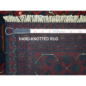 3'x9'10" Deep and Saturated Red with Geometric Design Hand Knotted Afghan Khamyab, Velvety Wool Runner Oriental Rug FWR432120