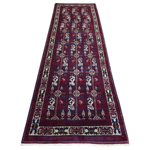 2'10"x10" Red with a Mix Of Ivory Soft and Shiny Wool, Hand Knotted With Geometric Repetitive Design Afghan Khamyab Runner Oriental Rug FWR432126