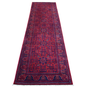 2'8"x9'7" Deep and Saturated Red Hand Knotted with Tribal Design, Soft and Shiny Wool Afghan Khamyab Runner Oriental Rug FWR432162