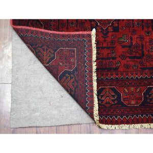 2'8"x9'7" Deep and Saturated Red Hand Knotted with Tribal Design, Soft and Shiny Wool Afghan Khamyab Runner Oriental Rug FWR432162