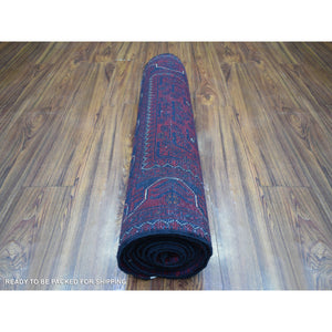 2'8"x9'6" Deep and Saturated Red With Geometric Design Hand Knotted Afghan Khamyab, Velvety Wool Runner Oriental Rug FWR432168