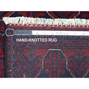 2'8"x9'6" Deep and Saturated Red With Geometric Design Hand Knotted Afghan Khamyab, Velvety Wool Runner Oriental Rug FWR432168