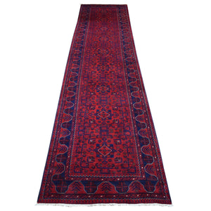 2'8"x12'10" Deep and Saturated Red Tribal Design Velvety Wool, Afghan Khamyab Hand Knotted Runner Oriental Rug FWR432174