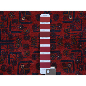 2'8"x12'10" Deep and Saturated Red Tribal Design Velvety Wool, Afghan Khamyab Hand Knotted Runner Oriental Rug FWR432174