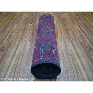 2'8"x12'10" Deep and Saturated Red Tribal Design Velvety Wool, Afghan Khamyab Hand Knotted Runner Oriental Rug FWR432174