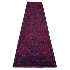 2'9"x13''2" Deep and Saturated Red with Geometric Design Hand Knotted Afghan Khamyab, Velvety Wool Runner Oriental Rug FWR432186