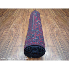 Load image into Gallery viewer, 2&#39;9&quot;x13&#39;&#39;2&quot; Deep and Saturated Red with Geometric Design Hand Knotted Afghan Khamyab, Velvety Wool Runner Oriental Rug FWR432186