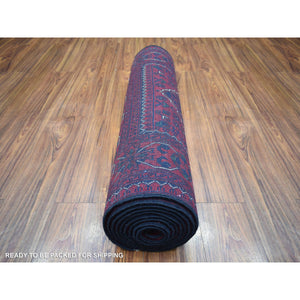 2'9"x13''2" Deep and Saturated Red with Geometric Design Hand Knotted Afghan Khamyab, Velvety Wool Runner Oriental Rug FWR432186