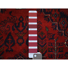 Load image into Gallery viewer, 3&#39;4&quot;x4&#39;7&quot; Deep and Saturated Red Tribal Design Velvety Wool, Afghan Khamyab Hand Knotted Oriental Rug FWR432198
