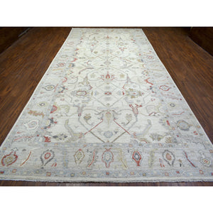 7'9"x16'3" Ivory Angora Ushak Natural Dyes, Flowing And Open Design, Afghan Wool Hand Knotted Overisize Oriental Rug FWR432816