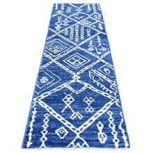 Load image into Gallery viewer, 2&#39;10&quot;x9&#39;4&quot; Denim Blue Boujaad Moroccan Berber with Criss Cross Pattern and Large Elements Hand Knotted, Soft and Shiny Wool, Natural Dyes, Runner Oriental Rug FWR433002