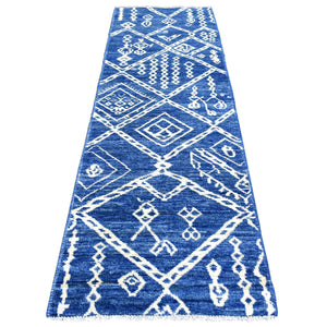 2'10"x9'4" Denim Blue Boujaad Moroccan Berber with Criss Cross Pattern and Large Elements Hand Knotted, Soft and Shiny Wool, Natural Dyes, Runner Oriental Rug FWR433002