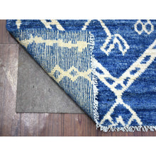 Load image into Gallery viewer, 2&#39;10&quot;x9&#39;4&quot; Denim Blue Boujaad Moroccan Berber with Criss Cross Pattern and Large Elements Hand Knotted, Soft and Shiny Wool, Natural Dyes, Runner Oriental Rug FWR433002