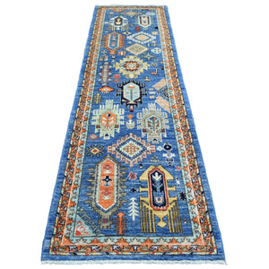 2'9"x10' Blue, Pure Wool Hand Knotted, Caucasian Ersari with Geometric Gul Motifs Vegetable Dyes, Runner Oriental Rug FWR433092