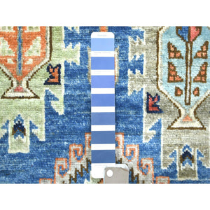 2'9"x10' Blue, Pure Wool Hand Knotted, Caucasian Ersari with Geometric Gul Motifs Vegetable Dyes, Runner Oriental Rug FWR433092