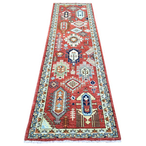 2'8"x9'8" Rich Red, Natural Dyes Soft Wool Hand Knotted, Afghan Ersari with Large Elements, Runner Oriental Rug FWR433554