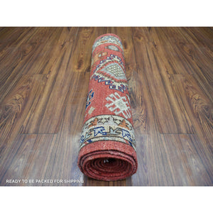 2'8"x9'8" Rich Red, Natural Dyes Soft Wool Hand Knotted, Afghan Ersari with Large Elements, Runner Oriental Rug FWR433554