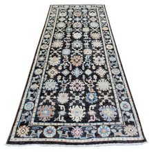 Load image into Gallery viewer, 3&#39;9&quot;x10&#39;1&quot; Charcoal Black, Velvety Wool Hand Knotted, Afghan Angora Oushak with Colorful Floral Pattern Natural Dyes, Wide Runner Oriental Rug FWR433890