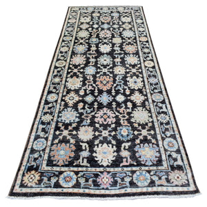 3'9"x10'1" Charcoal Black, Velvety Wool Hand Knotted, Afghan Angora Oushak with Colorful Floral Pattern Natural Dyes, Wide Runner Oriental Rug FWR433890