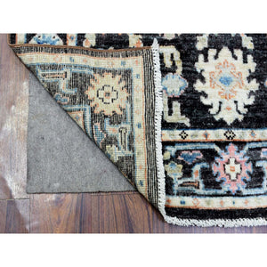 3'9"x10'1" Charcoal Black, Velvety Wool Hand Knotted, Afghan Angora Oushak with Colorful Floral Pattern Natural Dyes, Wide Runner Oriental Rug FWR433890