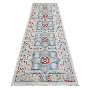 3'1"x10'2" Light Gray Natural Wool, Anatolian Village Inspired Geometric Design Hand Knotted Runner Oriental Rug FWR434454