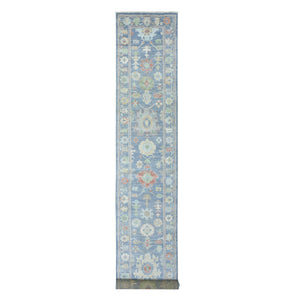 2'7"x15'10" Light Blue, Soft Wool Hand Knotted, Afghan Angora Oushak with All Over Colorful Flowers Natural Dyes, XL Runner Oriental Rug FWR434520