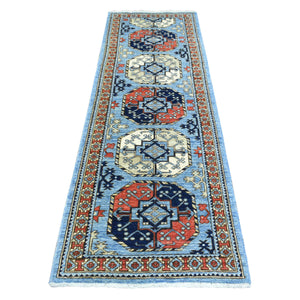 2'8"x8' Light Blue, Soft Organic Wool Hand Knotted, Afghan Ersari with Large Elephant Feet Medallions, Natural Dyes Soft Lush Pile, Runner Oriental Rug FWR434592