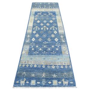 2'7"x8'4" Denim Blue, Fine Weave Soft and Shiny Wool Hand Knotted, Afghan Kashkuli Gabbeh Design Natural Dyes, Runner Oriental Rug FWR434694