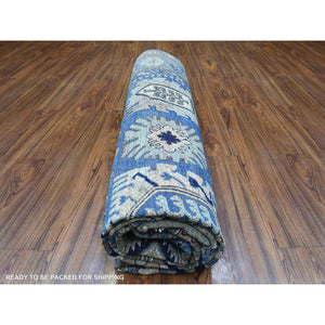 8'4"x9'7" Light Blue, Soft and Velvety Wool Hand Knotted, Afghan Ersari with Large Elements Design, Natural Dyes Soft Lush Pile, Oriental Rug FWR434706