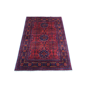 3'4"x4'9" Deep and Saturated Red, Afghan Khamyab with Geometric Design, Soft and Shiny Wool Hand Knotted, Oriental Rug FWR434886