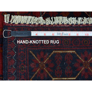 3'4"x4'9" Deep and Saturated Red, Afghan Khamyab with Geometric Design, Soft and Shiny Wool Hand Knotted, Oriental Rug FWR434886