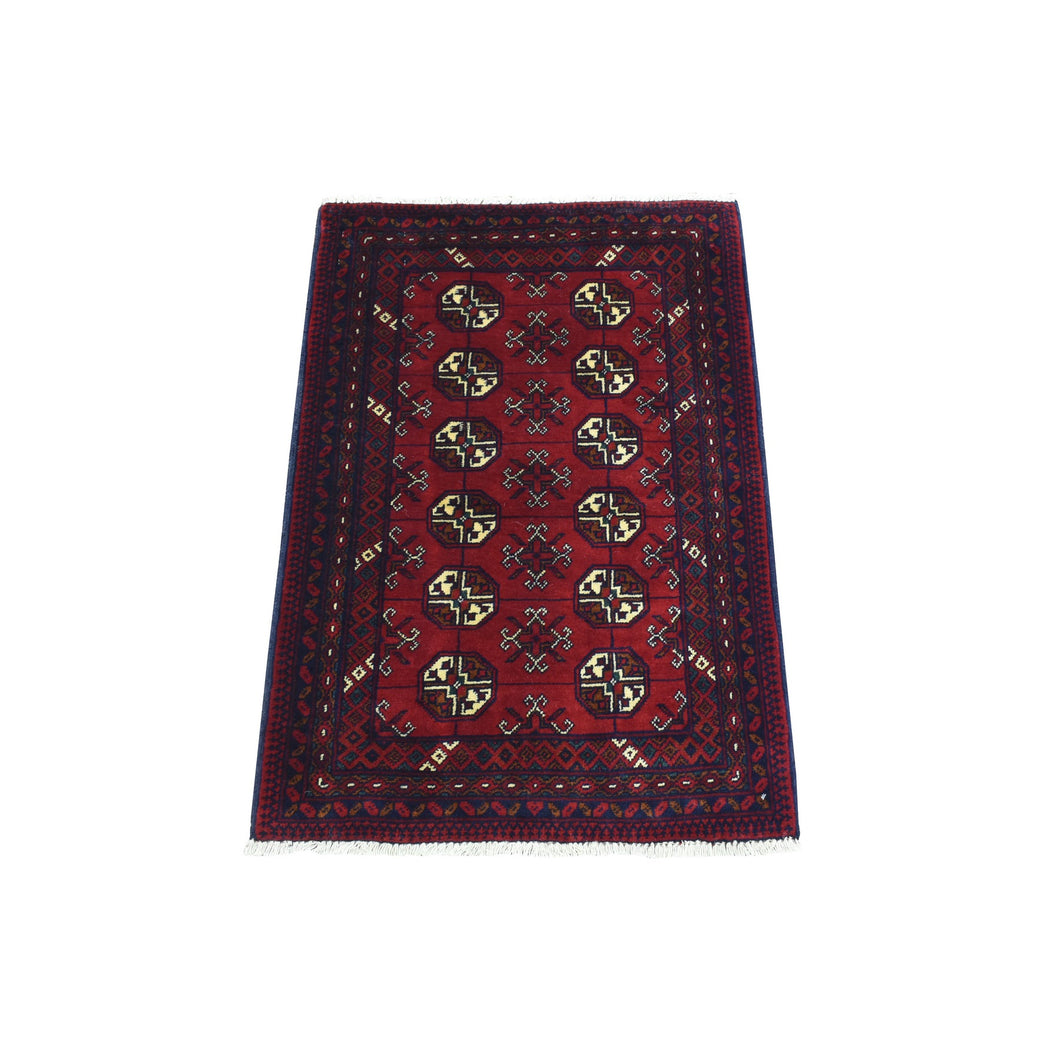 2'x3' Deep and Saturated Red, Hand Knotted Afghan Khamyab Bokara, Pure Wool, Mat Oriental Rug FWR434910