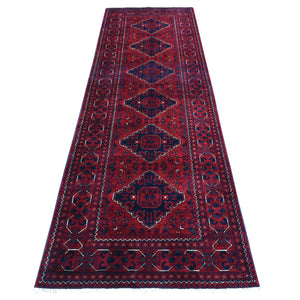 3'x9'10" Deep and Saturated Red with Geometric Design, Hand Knotted Afghan Khamyab, Velvety Wool Runner Oriental Rug FWR434970
