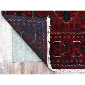 3'x9'10" Deep and Saturated Red with Geometric Design, Hand Knotted Afghan Khamyab, Velvety Wool Runner Oriental Rug FWR434970