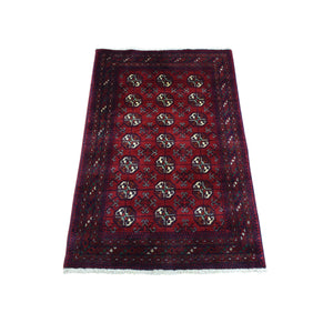 2'7"x3'10" Deep and Saturated Red, Afghan Khamyab Bokara, Velvety Wool with Tribal Design Hand Knotted Mat Oriental Rug FWR434976