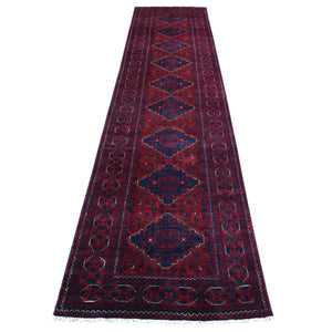 2'9"x13' Deep and Saturated Red Hand Knotted with Tribal Design, Soft and Shiny Wool, Afghan Khamyab Runner Oriental Rug FWR434982