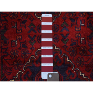 2'9"x13' Deep and Saturated Red Hand Knotted with Tribal Design, Soft and Shiny Wool, Afghan Khamyab Runner Oriental Rug FWR434982