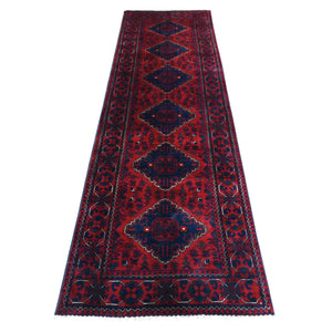 2'8"x9'6" Deep and Saturated Red, Hand Knotted Wool Afghan Khamyab, Geometric Medallions Runner Oriental Rug FWR434994