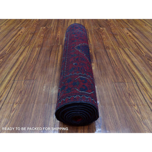 2'8"x9'6" Deep and Saturated Red, Hand Knotted Wool Afghan Khamyab, Geometric Medallions Runner Oriental Rug FWR434994